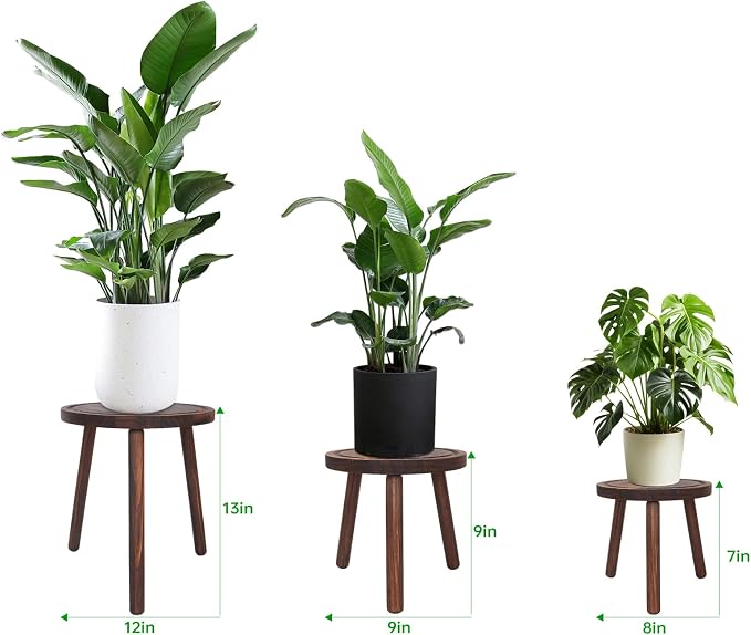 Amdermi 3 Pack Wood Plant Stands Indoor, Mid Century Modern Plant Stool for 6-12 Inch Pots, Tall Small Plant Stand Set for Living Room, Balcony, Office