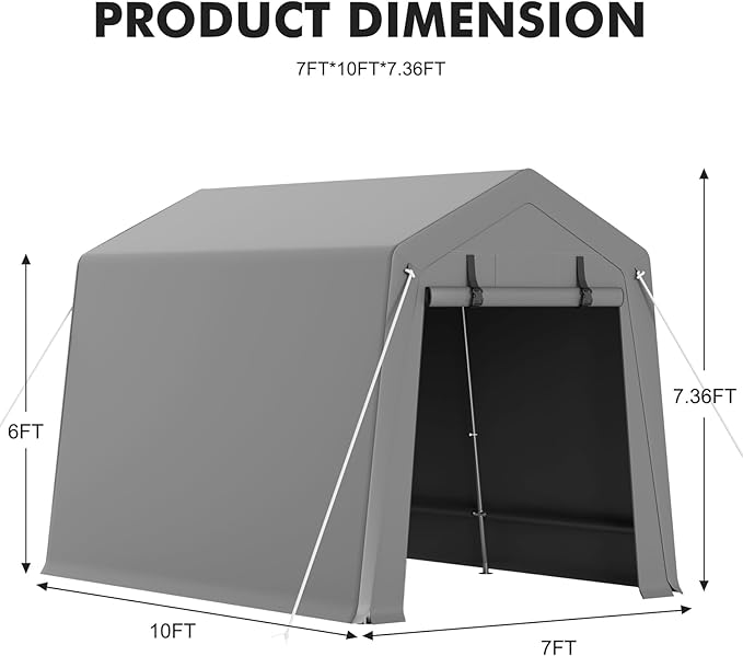 7x10 ft Carport Storage Shed, Portable Garage Tent with Roll-Up Zipper Door, Waterproof Heavy Duty Tarp Canopy, Vented Front & Back, for Motorcycle Bike Firewood Tools Outdoor Storage Shelter