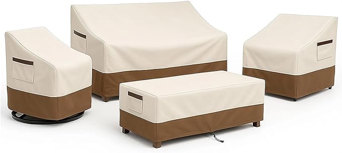 4-Piece Patio Furniture Cover Set, Waterproof Outdoor Furniture Covers for 3-Seater Sofa, Patio Chairs & Coffee Table, Heavy-Duty 600D, Fade&UV-Resistant, Breathable, All-Season Protection,Beige&Brown