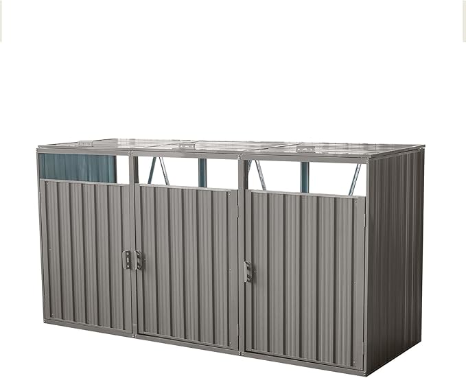94.48" Metal Garbage Bin Shed Stores with Ventilated and Lockable,Patio Furniture 3 Trash Cans Outdoor Sheds w/Rust-Proof & Scratch- Resistant,for Garden Yard Lawn,Grey