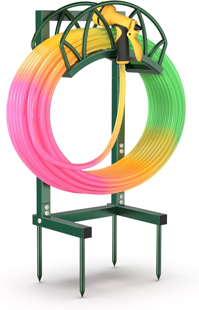 HZE Garden Hose Holder, Freestanding Water Hose Holder Stand for Outside, Heavy Duty Detachable Metal Garden Tube Storage Hanger Rack Holds 160 FT for Yard Lawn Farm, Green