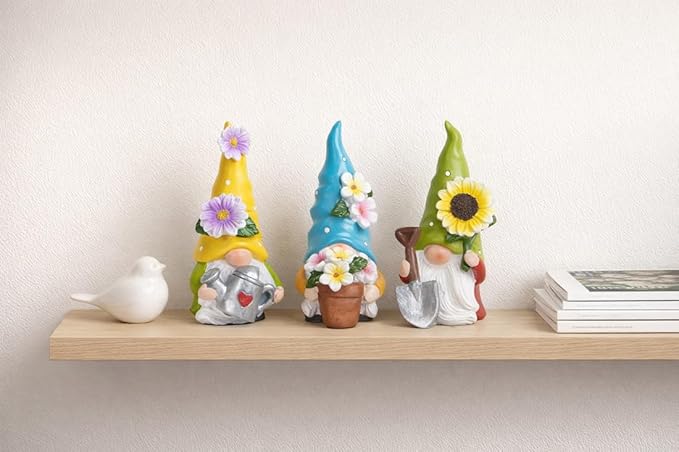 Hodao Spring Decorations for Home - Colorful Garden Gnomes Figurines with Flowers & Tools – Spring Summer Indoor Decor for Table, Lawn, Window Sill – Gift for Garden Lovers