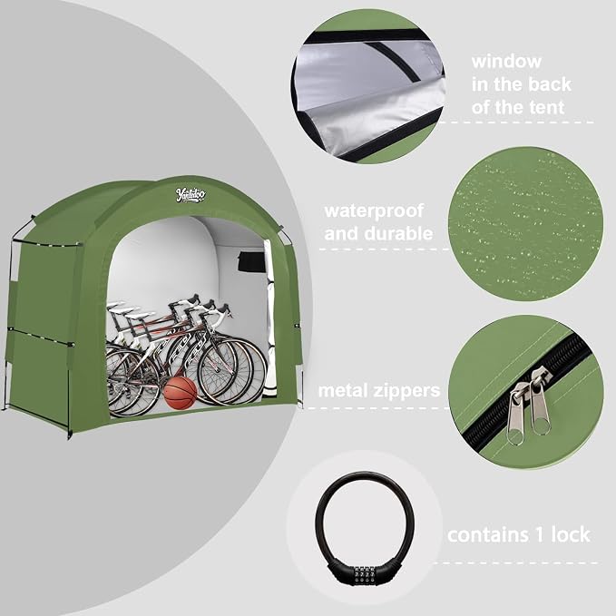 Bike Storage Shed Tent, Waterproof Outdoor Storage Shelter with 30% More Top Space, Portable Bicycle Cover for 2/3/4/5 Bikes, Motorcycles, Garden Tools, Lawn Mowers, Easy Setup(Green)