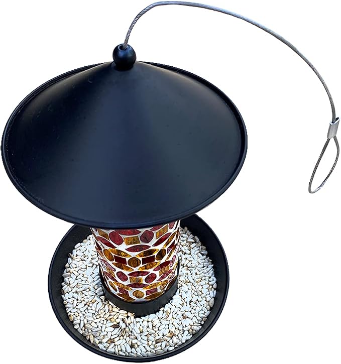 Lily's Home Outdoor Hanging Mosaic Glass Bird Feeder, Lantern Shape with Metal Hook and Roof for Wild Birds, Garden Decor for Lawn and Patio, Unique Gift for Bird Lovers(10Inch)