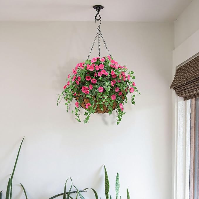 4 Pack 14 inch Metal Hanging Baskets for Plants, Round Metal Wire Hanging Basket Planter with Coco Fiber Liners Chain for Garden Home Porch Patio, Flower Border