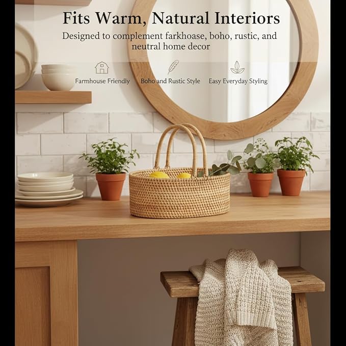 Handwoven Rattan Storage Basket with Handles, Natural Wicker Decorative Basket for Kitchen Counter, Pantry Organization, Floral Arrangement, Gift Packaging & Home Decor