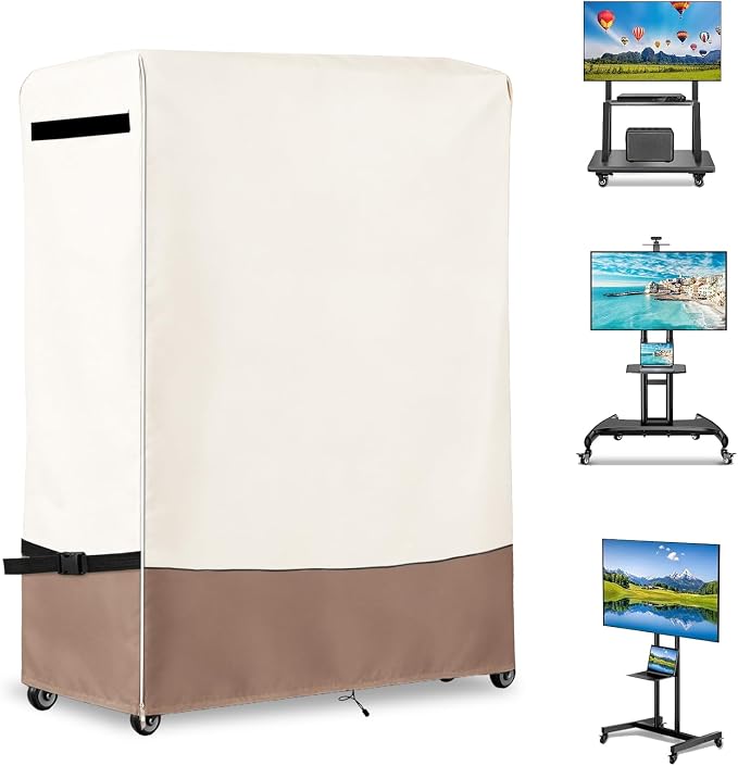53 Inch Outdoor Waterproof TV Trolley Cover,Heavy Duty 600D Rolling TV Stand Cover with Zipper for 50-55 Inch TV,Easy to Ioad and Unload,53"Lx15"Wx55"H,Beige