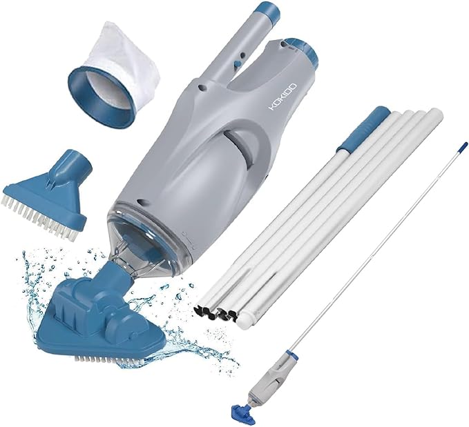KOKIDO Cordless Handheld Pool Vacuum for Above Ground Pool, with 6ft Pole and 2 Vac Brush Heads, Ideal for Spot Clean Inground Pool Spa Hot Tub up to 20ft, Rechargeable, 60min, Sand and Debris XV110