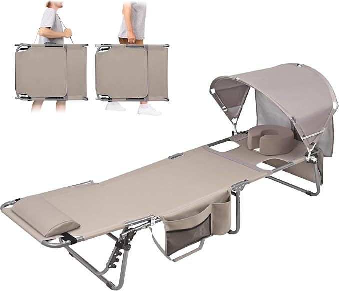 Oversized Extra Wide Tanning Chair with Sun Canopy Face Hole Padded Adjustable Washable, Heavy Duty Layout Folding Lounge Chair for Outside Beach Reading Sunbathing, UPF 50+, XL, Plus Size, 330 LBS