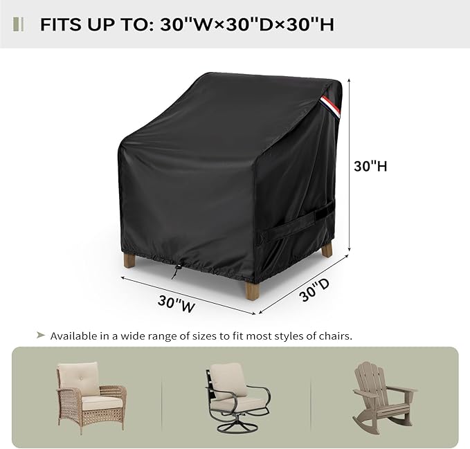 KylinLucky Square Patio Chair Covers 2-Pack 30"x30"x30", Waterproof Outdoor Chair Protectors with Liner & Anti-Wind Straps, Black