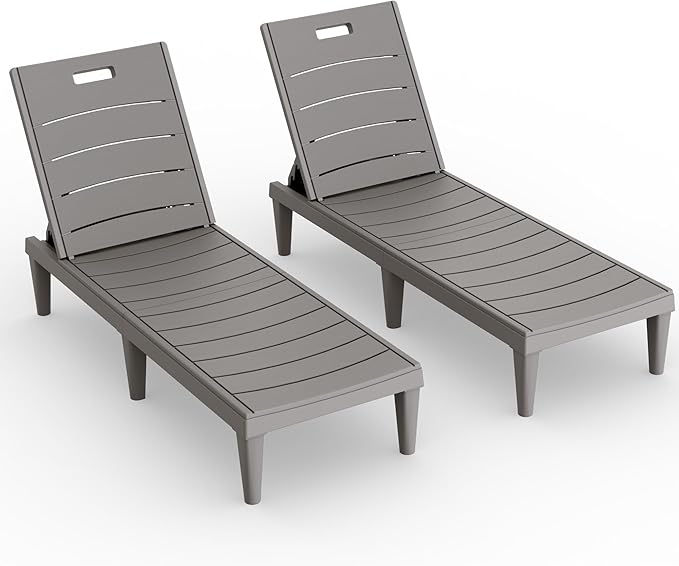 Devoko Outdoor Chaise Lounge Chair Set of 2 with 5-Position Adjustable Back, Waterproof & Lightweight PP Lounge Chairs for Outside Pool Patio (Light Brown)