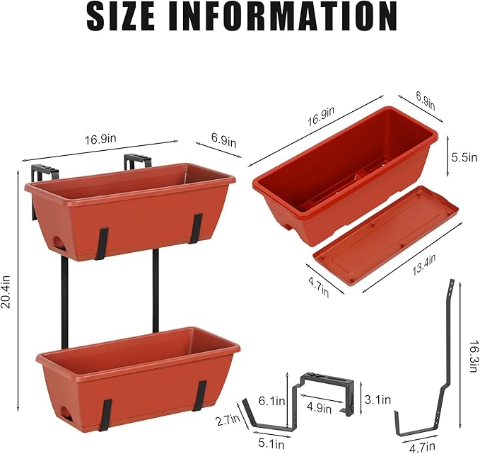 Railing Planter Box 4 Pack Window Boxes Planters 16.9 Inch Rectangular Planter with Adjustable Brackets 2 Tier Outdoor Balcony Hanging Planters Set of 2 for Railings Garden Porch Patio, Brick Red