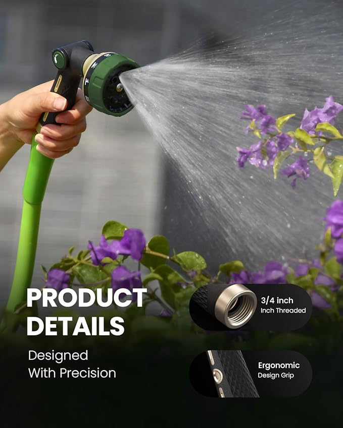 RAINPOINT Garden Hose Nozzle Heavy Duty - 100% Metal Thumb Control Spray Nozzles for Garden Hose High Pressure, 10 Patterns Water Hose Nozzle for Car Wash, Watering Lawn and Pets, Bottle Green