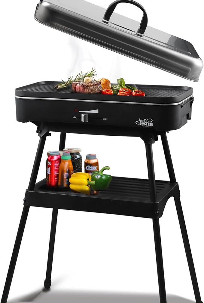 Artestia 1800W Electric Grill, Indoor Outdoor BBQ Grill with Stand, Adjustable Temperature Control, Portable Tabletop Grill for Patio, Balcony & Backyard (Standard Electric Grill)