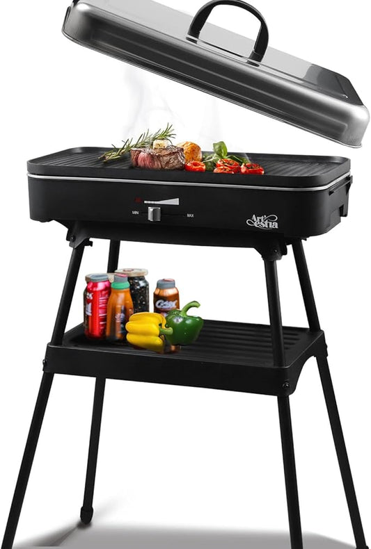 Artestia 1800W Electric Grill, Indoor Outdoor BBQ Grill with Stand, Adjustable Temperature Control, Portable Tabletop Grill for Patio, Balcony & Backyard (Standard Electric Grill)