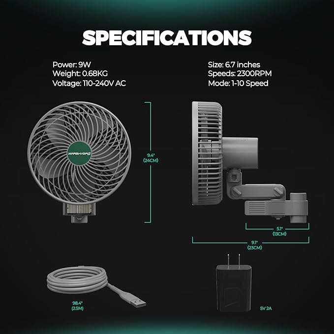 MARS HYDRO Updated 2-Pack M6 Grow Tent Fan, A powerful Oscillating Clip Fan with Low Noise for Hydroponic Plants and Ventilation Circulation with convenient APP/WiFi Control.