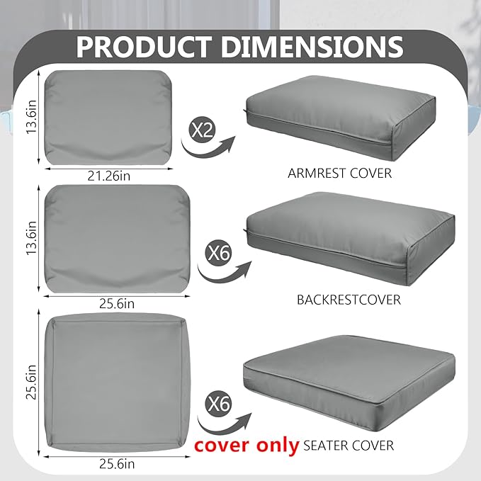 14 Piece Outdoor Patio Waterproof Cushion Covers, Fits 6-Seat Wicker Rattan Sectional Couch Chair Furniture Cover Replacement Set - Fade-Resistant Patio Cushion Covers with Zipper