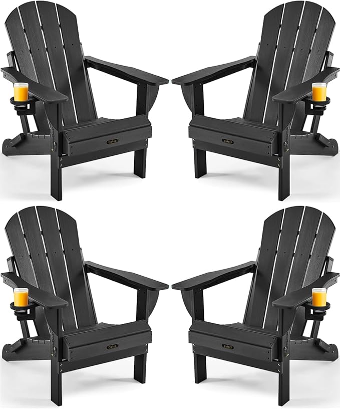 Ciokea Folding Adirondack Chair 4 Pack, Patio Adirondack Chair Weather Resistant, Plastic Fire Pit Chair with Cup Holder, Lawn Chair for Outdoor Porch Garden Backyard Deck (Black)