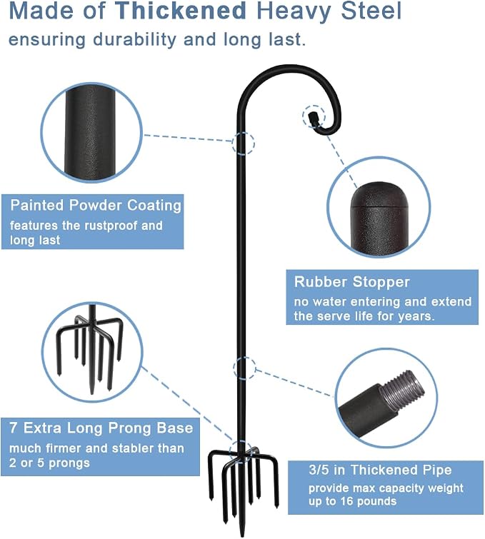 Artigarden 92 inch Outdoor Shepherd Hook with Upgraded 7 Prong Base (1 Pack), Adjustable Heavy Duty Garden Hanging Stake for Bird Feeder Solar Light Plant Hanger Wedding Decor, Matte Black