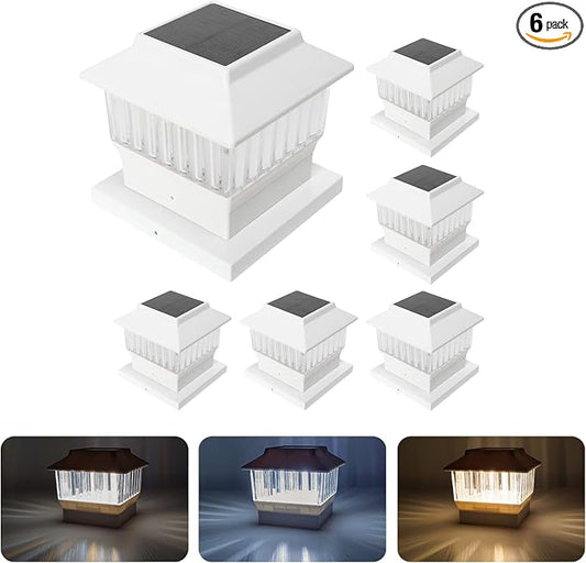 6 Pack Solar Post Cap Lights - Modern #1: Fits True 4x4 Vinyl, 4x4 & 6x6 Wood Posts, Bulk Savings, 3 Color Temp, 50 Lumen Waterproof Outdoor Lights for Deck Fence, Elegant White