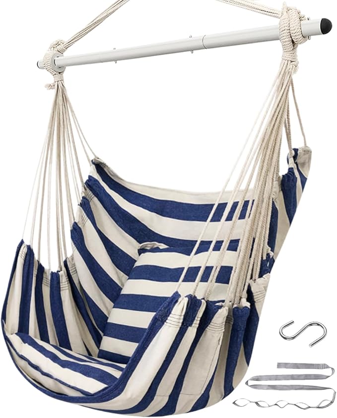 ADVOKAIR Hammock Chair Hanging Chair Swing Large Indoor with Anti-Slip Steel Spread Bar and Pocket-Max 500lbs-2 Cushions, Perfect for Bedroom,Outdoor,Patio, Porch,Backyard