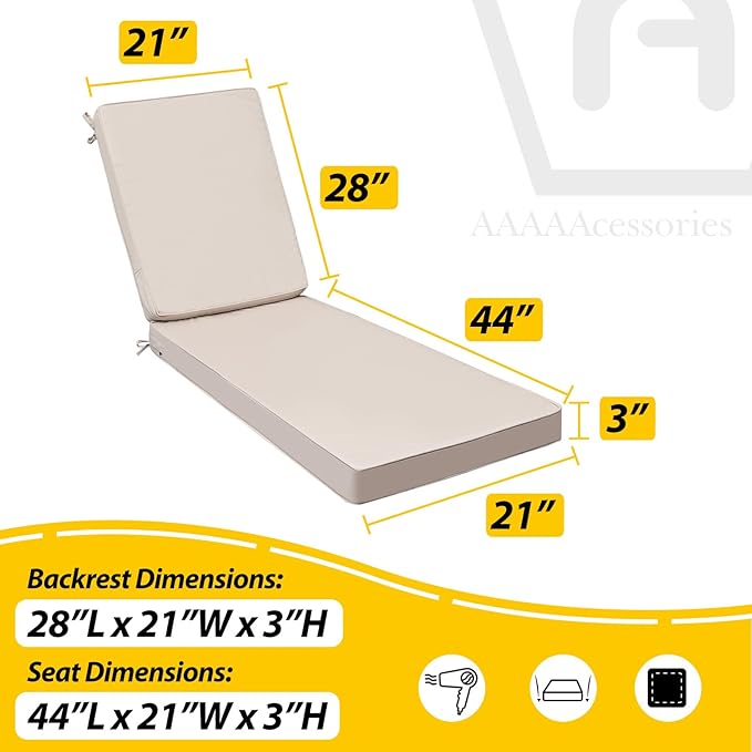 AAAAAcessories Outdoor Chaise Lounge Cushions, Fade-Resistant, Waterproof Patio Furniture Replacement Cushions, 72" x 21" x 3", Sandstone Beige