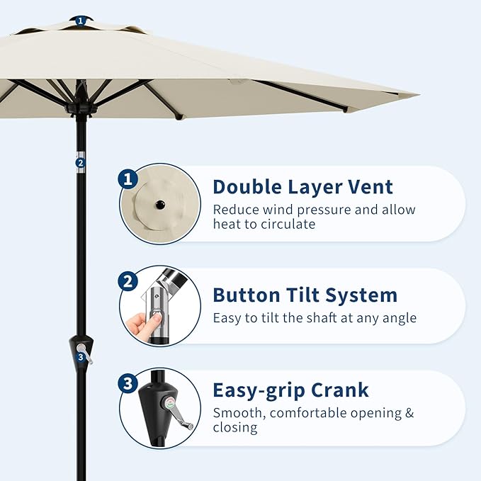 GarveeLife 10FT Umbrella Outdoor Patio, Table Umbrella with Push Button Tilt and Crank, 8 Sturdy Ribs Waterproof UV Protection for Garden, Pool, Deck, Backyard, Market (Beige White)