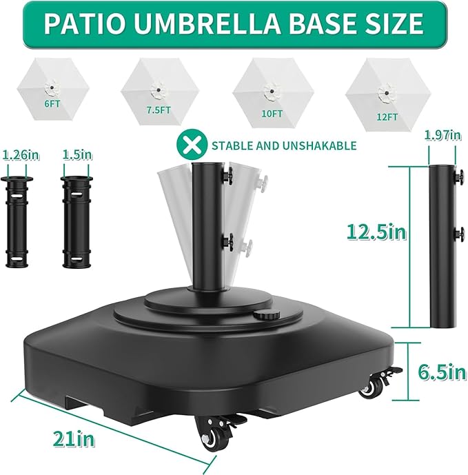 QZER Umbrella Base with 5 Wheels, Upgraded 145lb Umbrella Stand Base, Heavy Duty & Windproof, Fillable Umbrella Base Mobile Umbrella Outdoor for Patio, Deck, Poolside, Lawn, Fits Most Sized Umbrellas