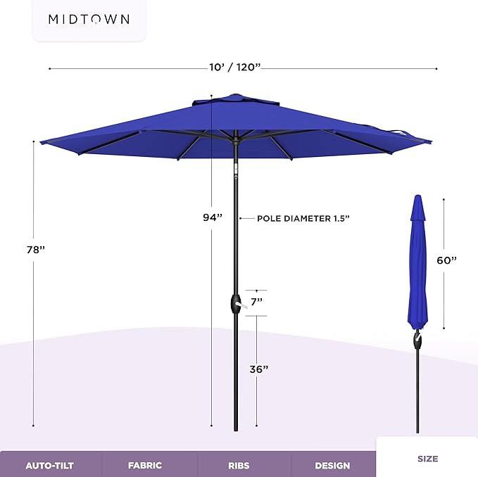 Midtown Umbrellas - 10-Year-No-Fade 10 Ft Patio Umbrella with Terylast Fabric, Auto-Tilt Aluminum Frame and 8 Reinforced Ribs for Deck, Pool, Garden & Beach - Royal Blue Canopy, Black Pole