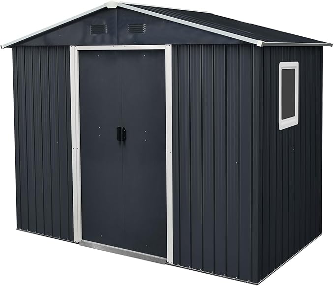 8x4 FT Outdoor Metal Storage Shed with Window, Galvanized Steel Garden Shed, Lockable Sliding Door, Sloped Roof, Ventilated Tool Storage House with Foundation Kit for Backyard Lawn, Black+White