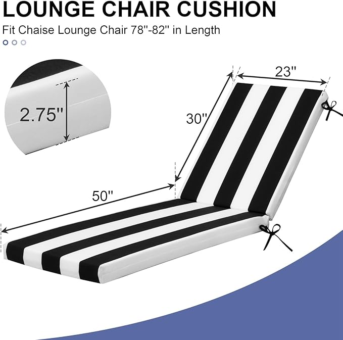 Crestlive Outdoor Chaise Lounge Cushions, 3 Years Fade Resistant Water Resistant Lounge Chair Cushion, 80''L x 23''W, Set of 2, Black Cabana Stripe