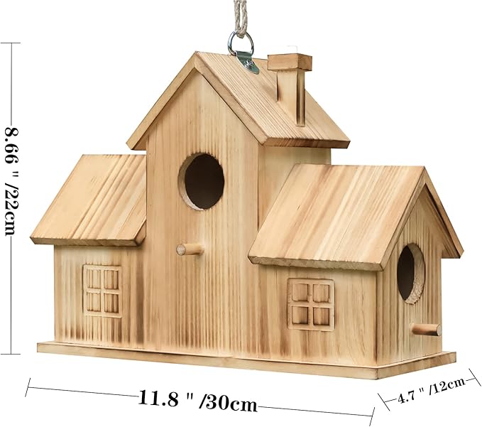 STARSWR Bird Houses for Outside,Outdoor 3 Hole Bird House Room for 3 Bird Families Bluebird Finch Cardinals Wooden Hanging Birdhouse for Garden