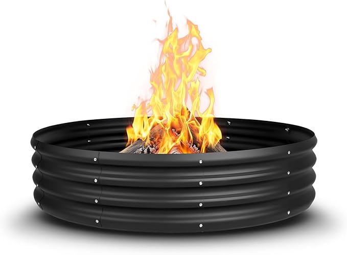 48 Inch Fire Pit Ring for Outside, 4FT Diameter Wood Burning Fire Ring, Large Round Galvanized Steel Fire Pit, Metal Outdoor Fireplace for Backyard, Patio, Camping, Bonfire (Black)