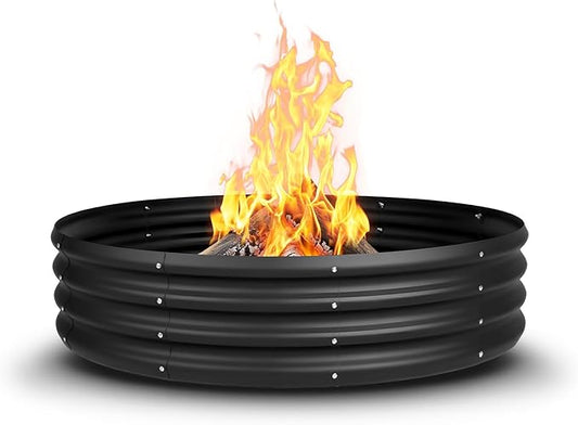 48 Inch Fire Pit Ring for Outside, 4FT Diameter Wood Burning Fire Ring, Large Round Galvanized Steel Fire Pit, Metal Outdoor Fireplace for Backyard, Patio, Camping, Bonfire (Black)