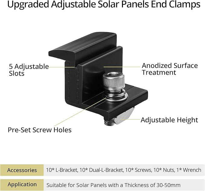Anbte 10pcs Solar Panel Mounting Brackets 30-50mm Adjustable, Aluminum Solar Panel End Clamp Include 10*Screw M8 and 1*Wrench, Solar Mount Kit for Metal Roof, Tin Roof, Flat Roof, Sheet Roof, Black