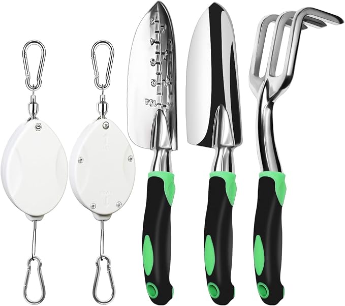 Bundles of ZUZUAN 3 Pack Aluminum Heavy Duty Gardening Kit and 2Pcs White Upgraded Heavy Duty Retractable Plant Hanger