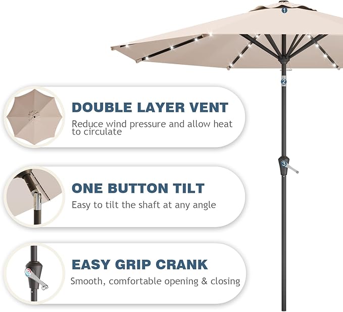 9FT Patio Umbrella with Solar Lights,Outdoor Market Umbrella with Tilt and Crank, LED Lighted Table Umbrella for Garden,Deck,Backyard,Pool,Beach