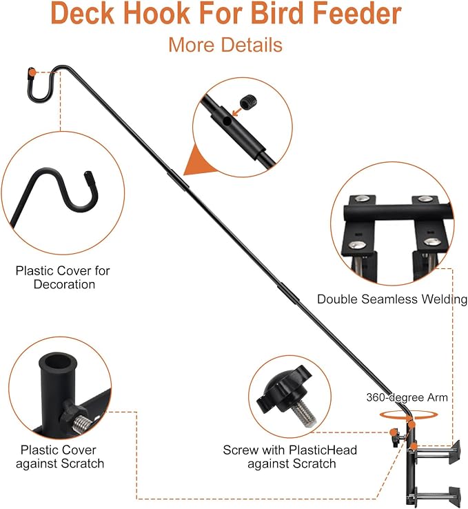 29-43" Adjustable Deck Railing Hook,Heavy Duty Rotating Plant Hanger | Double Clamps for Bird Feeders, Planters, Lanterns & Wind Chimes | Shepherd Bracket for Deck, Patio & Garden Use