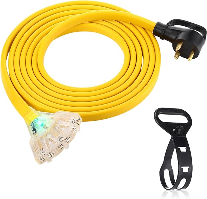 Tellegloww 15 FT Flat RV Generator Adapter Cord NEMA TT-30p to 3X 5-20R/5-15R, 30A to 110V 15/20 A Household Outlet Adapter, 10 Gauge Flat RV Generator Extension Cord, Etl Listed, Yellow
