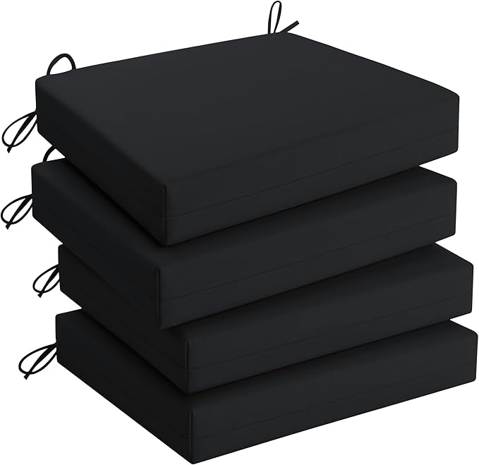 UNIKOME Outdoor Chair Cushions Pack of 4, Water Resistant Patio Cushions with Ties, High Density Sponge Filling Square Corner Seat Cushions for Outdoor Furniture, 19"*19"*3", Black