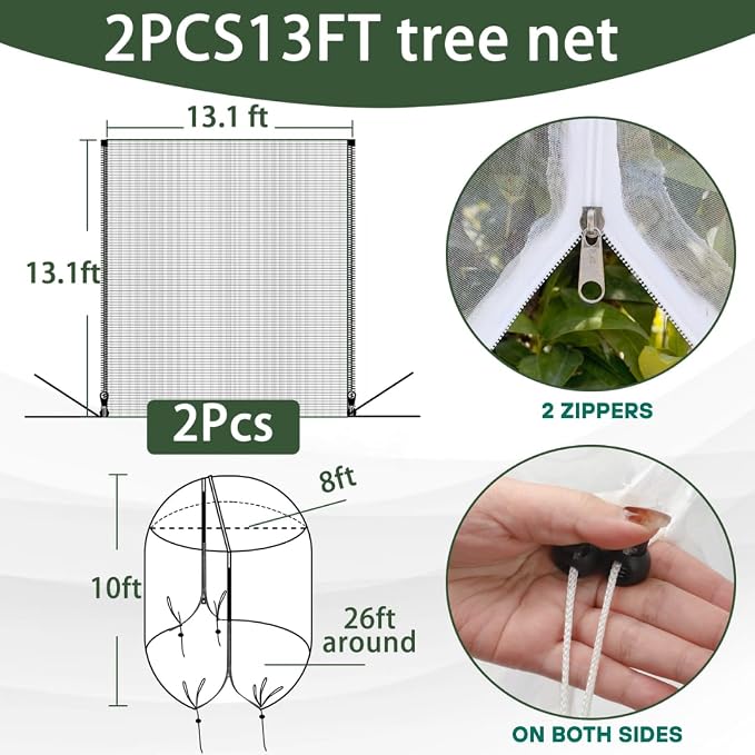 2Pack 13 x 13 FT Large Fruit Tree Netting Bags with Zippers and Drawstrings on Both Sides, Bird Netting for Apple Trees, Garden Netting Cover to Protect Plants from Pests, Deer, and Birds