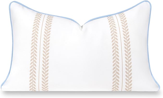 Hofdeco Premium Coastal Hampton Patio Indoor Outdoor Lumbar Pillow Cover Only, 12"x20" Water Repellent for Backyard, Couch, Poolside, Neutral Tan Blue Print Leaf Striped