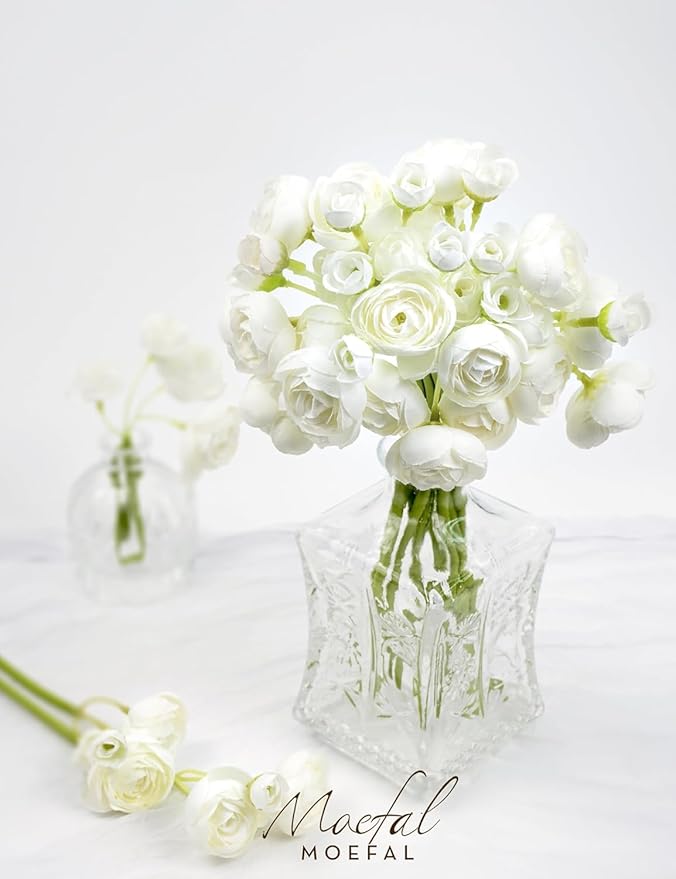 Ranunculus Artificial Flowers 18pcs, Faux Silk Mini Ranunculus Bulk Fake Wedding Filler Flowers for DIY Bouquets Centerpieces Bridal Shower Decorations Arrangements, Ivory White