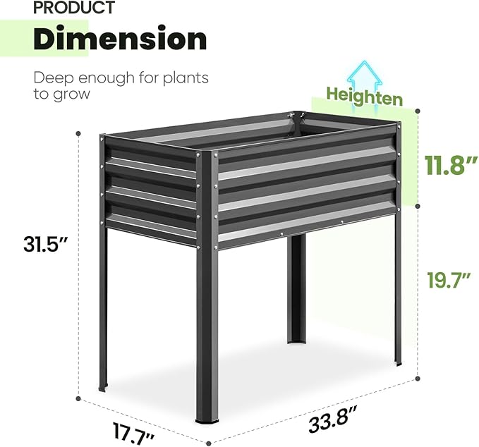 KING BIRD Raised Garden Bed with Legs Galvanized Elevated Planter Box for Backyard, Patio, Balcony, 33.9x17.6x31.5 in, Dark Gray