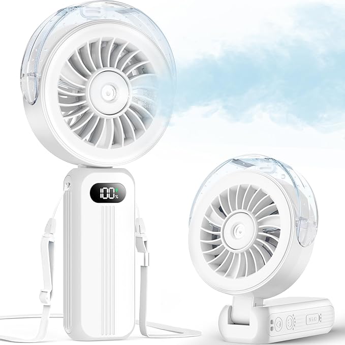 Otlonpe Handheld Misting Fan Portable, Powerful 4 High Speeds Rechargeable Small Hand Held Fan Water Mist, 4000mAh Battery Operated, Foldable, Lanyard, Personal Cooling for Travel Men Wome