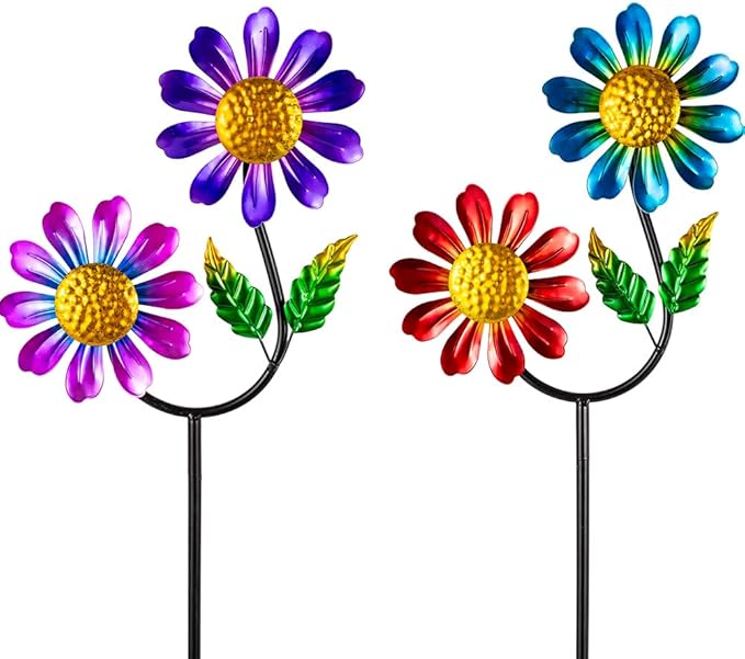 Viveta 2 Pack Flower Wind Spinners, Metal Wind Sculptures,Garden Pinwheels, Colorful Metal Windmill for Yard Lawn Patio Decor