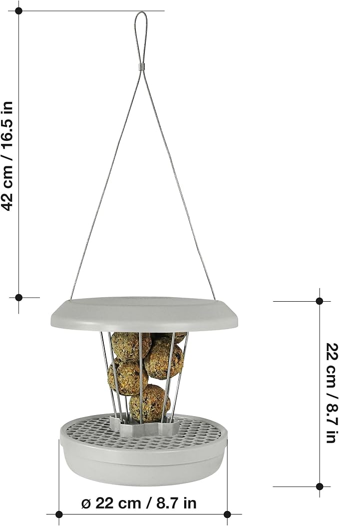 SWISSINNO Bird Feeders - No Mess Fat Ball/Suet Feeder for Outdoors Hanging - Smart Birds Lucerne Spill Proof Wild Cardinal Bird Feeder with Integrated Seed Catcher Tray - Light Grey
