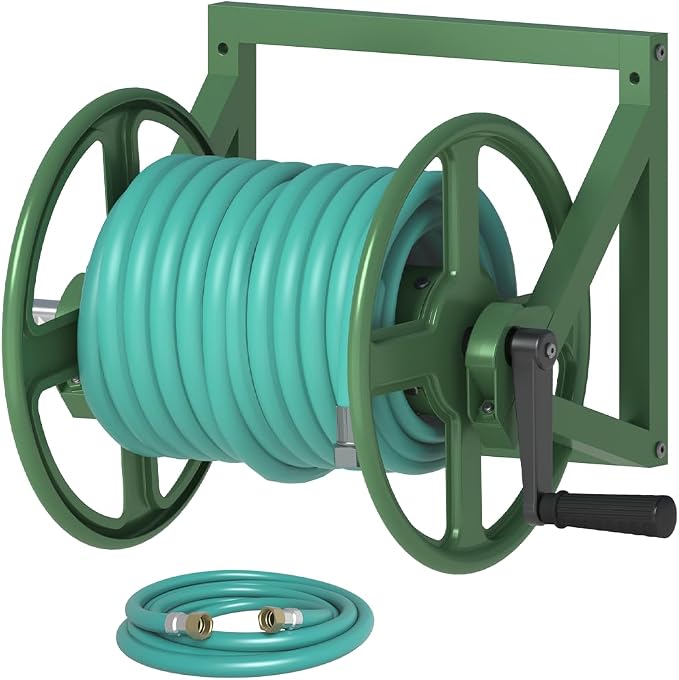 Artigarden Garden Hose Reel Wall Mounted, Outdoor Heavy Duty Powder Coated Metal Water Hoses Holder Winder Holds 125 ft 5/8" Hoses with 3.9ft Leader Hose, Stainless Steel Connector for Outside, Green
