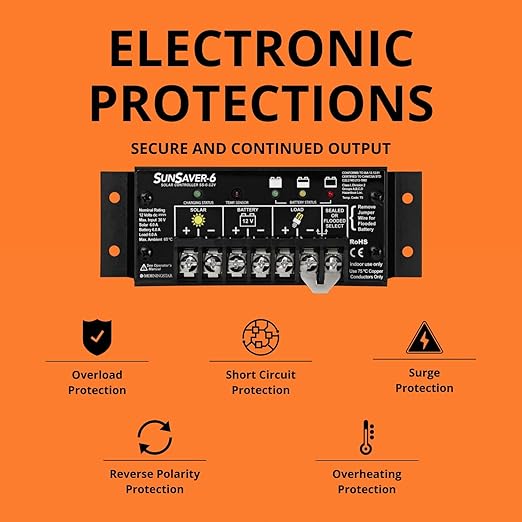 Morningstar SunSaver 6A PWM Solar Charge Controller (SS-6-12V) - Intelligent Solar Panel Regulator for 12V Batteries, Four Stage Battery Charging, HazLoc Rated, Low Noise, 5 Year WTY - Designed in USA