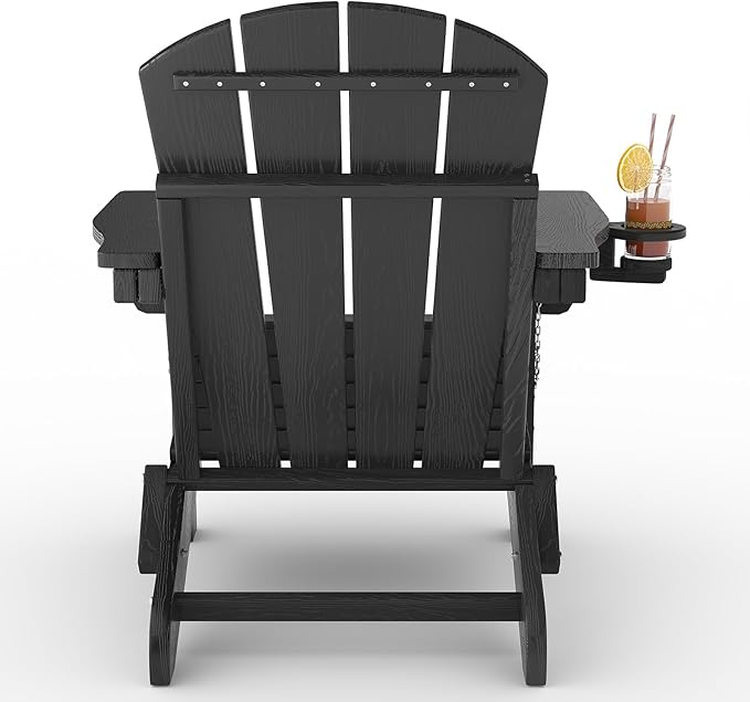GarveeLife Folding Adirondack Chair, All-Weather HDPE Outdoor Chair, Wooden Textured with Cup Holder for patios, Decks, Gardens, fire pits, Black
